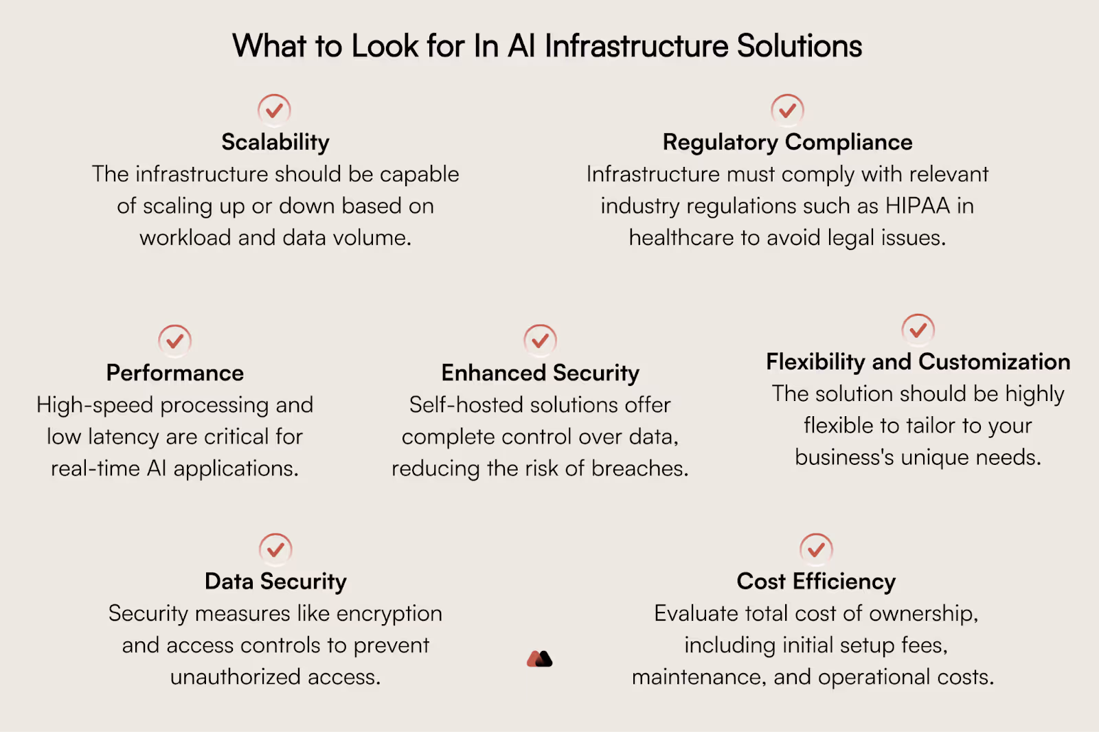 What to look for in AI infrastructure solutions - scalability, performance, enahnced security options, regulatory compliance, flexibility and customization, data security, and cost efficiency