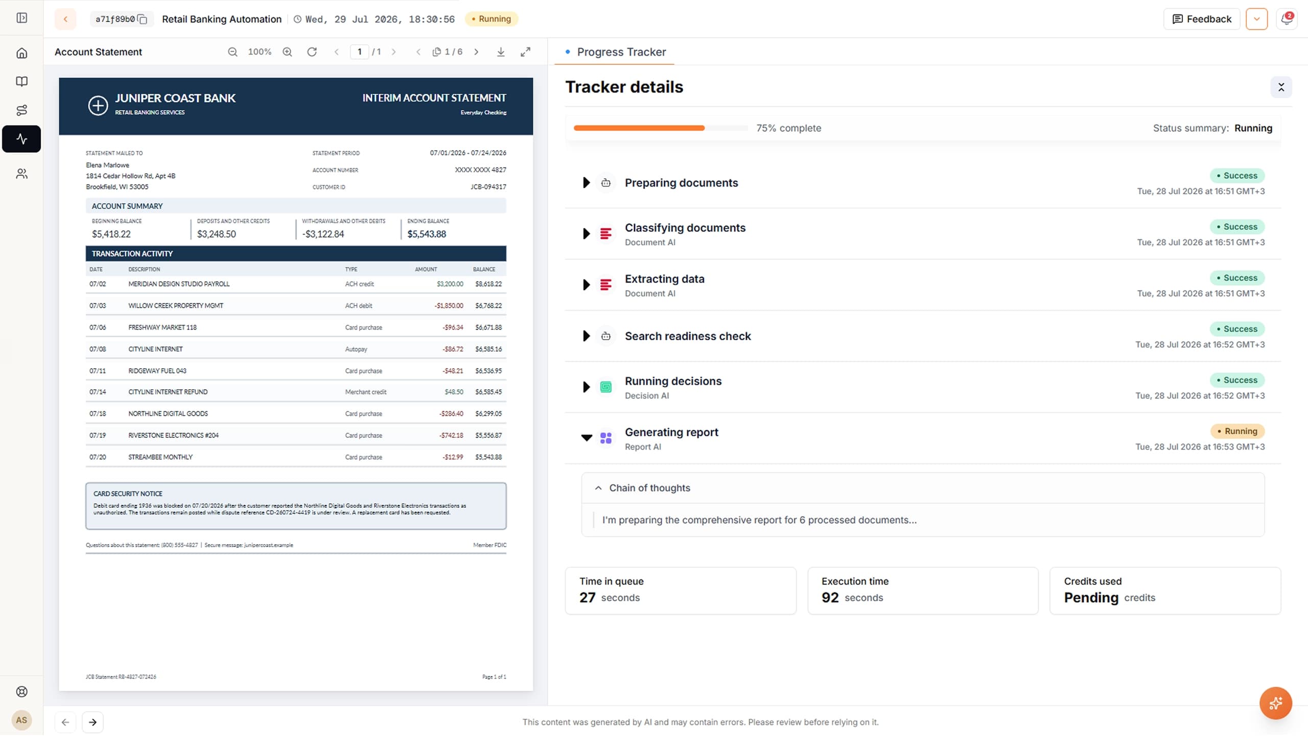 AgentFlow execution log showing audit-ready tracking and human oversight of AI agents in banking workflows